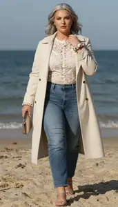 Plus Size Lace Insert Blouse Paired With Straight Leg Jeans And Longline Duster