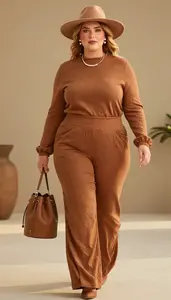 Plus Size Long Sleeve Blouse Paired With High Waisted Wide Leg Trousers Studio