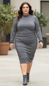 Plus Size Slate Grey Ruched Side Midi Dress Urban Fashion