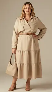 Plus Size Style Beige Tiered Maxi Dress Fashion Photo