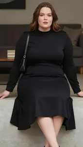Plus Size Style Ebony A Line Midi Dress With Flowing Skirt Fashion Photo
