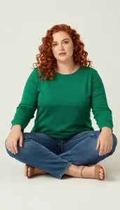Plus Size Style Long Sleeve Blouse Paired With Straight Leg Jeans Fashion Photo