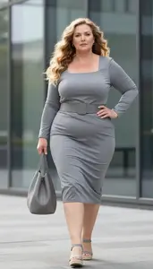 Plus Size Style Square Neckline Midi Dress Fashion Photo