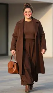 Plus Size Textured Knit Top Paired With Flowing Maxi Skirt And Long Wool Coat