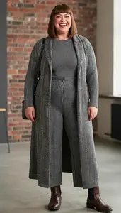 Plus Size Textured Knit Top Paired With High Waisted Wide Leg Trousers And Open