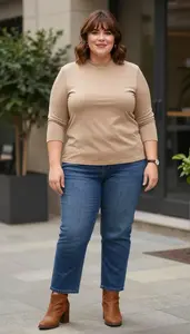 Plus Size Three Quarter Sleeve Top Paired With Straight Leg Jeans Urban Photo