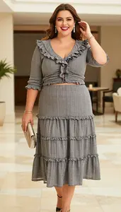 Plus Size Tiered Skirt With Fitted Crop Cardigan Lifestyle Photo