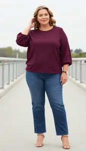 Puff Sleeve Blouse Paired With Straight Leg Jeans For Plus Size Women