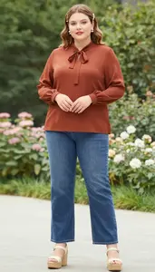 Radiant Plus Size Bow Neck Blouse Paired With Straight Leg Jeans Photo