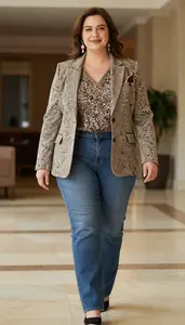 Radiant Plus Size Look Straight Jeans With Blouse And Tailored Blazer