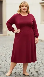 Ruby Red Smocked Waist Blouse Paired With A Line Midi Skirt And Kimonos Style
