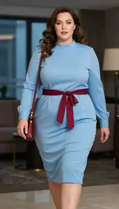 Sky Blue Sky Blue Shirt Dress With Self Tie Belt Plus Size Fashion