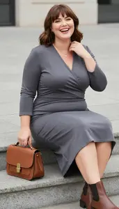 Slate Grey Long Sleeve Wrap Dress For Plus Size Women