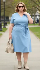 Sophisticated Plus Size Style Sky Blue Classic V Neck Shift Dress