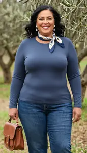 Stylish Plus Size Fitted Stretch Top Paired With Straight Leg Jeans Photo