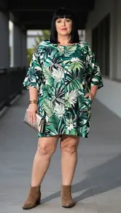 Tropical Leaf Print Three Quarter Sleeve Top Plus Size Fashion