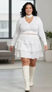 White Tiered Skirt With Fitted Crop Cardigan Plus Size Fashion