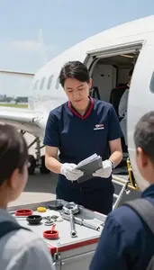 Airport Ground Crew Serving Passengers On An In An Airplane Cabin Before Takeoff