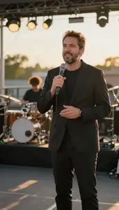 Announcer Narrating A Documentary In On A Band Performance Stage At Professional