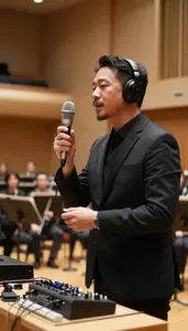 Announcer Performing Voice Acting In In An Orchestra Concert Hall At Workplace