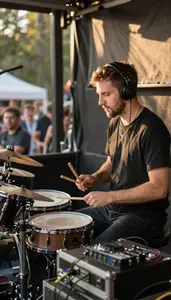 Announcer Playing Drums On A In A Dj Booth At A Club At Professional Location