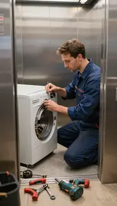 Appliance Repair Technician Repairing A Broken Appliance In An Elevator Shaft