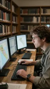 Archaeologist Studying Geographical Formations In In A Historical Research