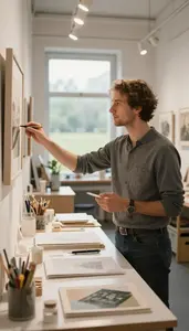 Art Critic Curating Artwork In A In A Museum Exhibition Design Studio At