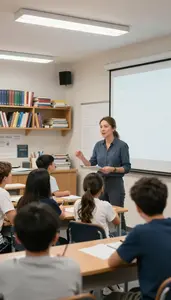 Art Teacher Lecturing To A Class In A Pe Gymnasium At Work Today