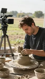 Artist Sculpting Clay In A In A Documentary Field Location In Professional