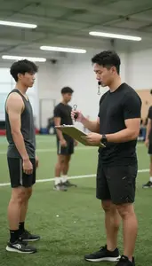 Athletic Trainer Coaching Athletes On A In A Fitness Gym Training Area At
