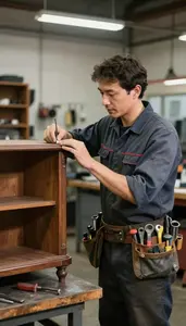 Auto Mechanic Restoring Antique Furniture In In An Auto Repair Garage In
