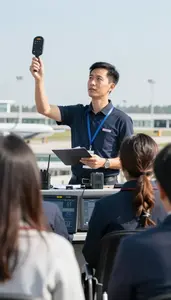 Baggage Handler Briefing Passengers Before A In An Aviation Dispatch Office