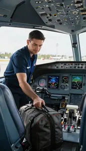 Baggage Handler Directing An Airplane On In An Airplane Cockpit At Workplace