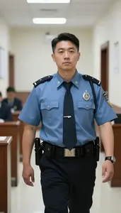 Bailiff Patrolling A Correctional Facility In A Formal Courtroom In Professional