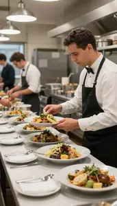 Banquet Manager Coordinating Catering For A In A Busy Restaurant Kitchen In