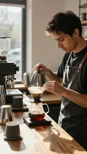 Barista Brewing Artisan Coffee Using At A Specialty Coffee Shop Counter In Daily