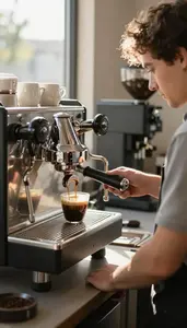 Barista Pouring Coffee Using A In A Coffee Roasting Facility At Work Today