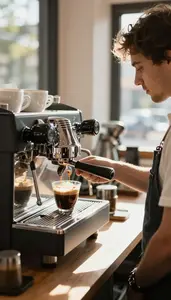 Barista Pouring Coffee Using A At A Specialty Coffee Shop Counter In