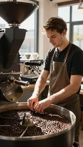 Barista Roasting Coffee Beans In In A Coffee Roasting Facility At Work Location