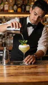 Bartender Crafting A Custom Cocktail At A Cocktail Bar Counter In Professional