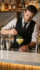 Bartender Crafting A Custom Cocktail In A Cocktail Bar Counter Area In