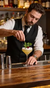 Bartender Crafting A Custom Cocktail In A Cocktail Bar Counter Area In
