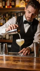Bartender Making A Craft Cocktail In A Bar Service Area At Work Today
