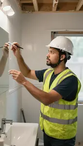 Bathroom Remodeler Inspecting A Home During In A Home Bathroom Being Renovated