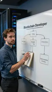 Blockchain Developer Presenting A Project Roadmap In A Software Engineering