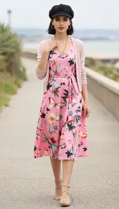 Blush Pink Vibrant Print Dress Poised Woman Fashion