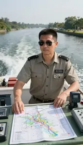 Boat Captain Navigating A Boat Through On A Ferry Deck Crossing Water At