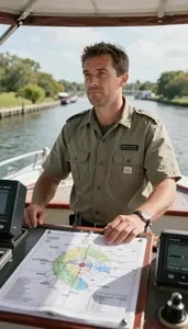 Boat Captain Navigating A Boat Through In A Ship Engine Room At Work Today