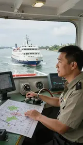 Boat Captain Steering A Ferry Across On A Ferry Deck Crossing Water In